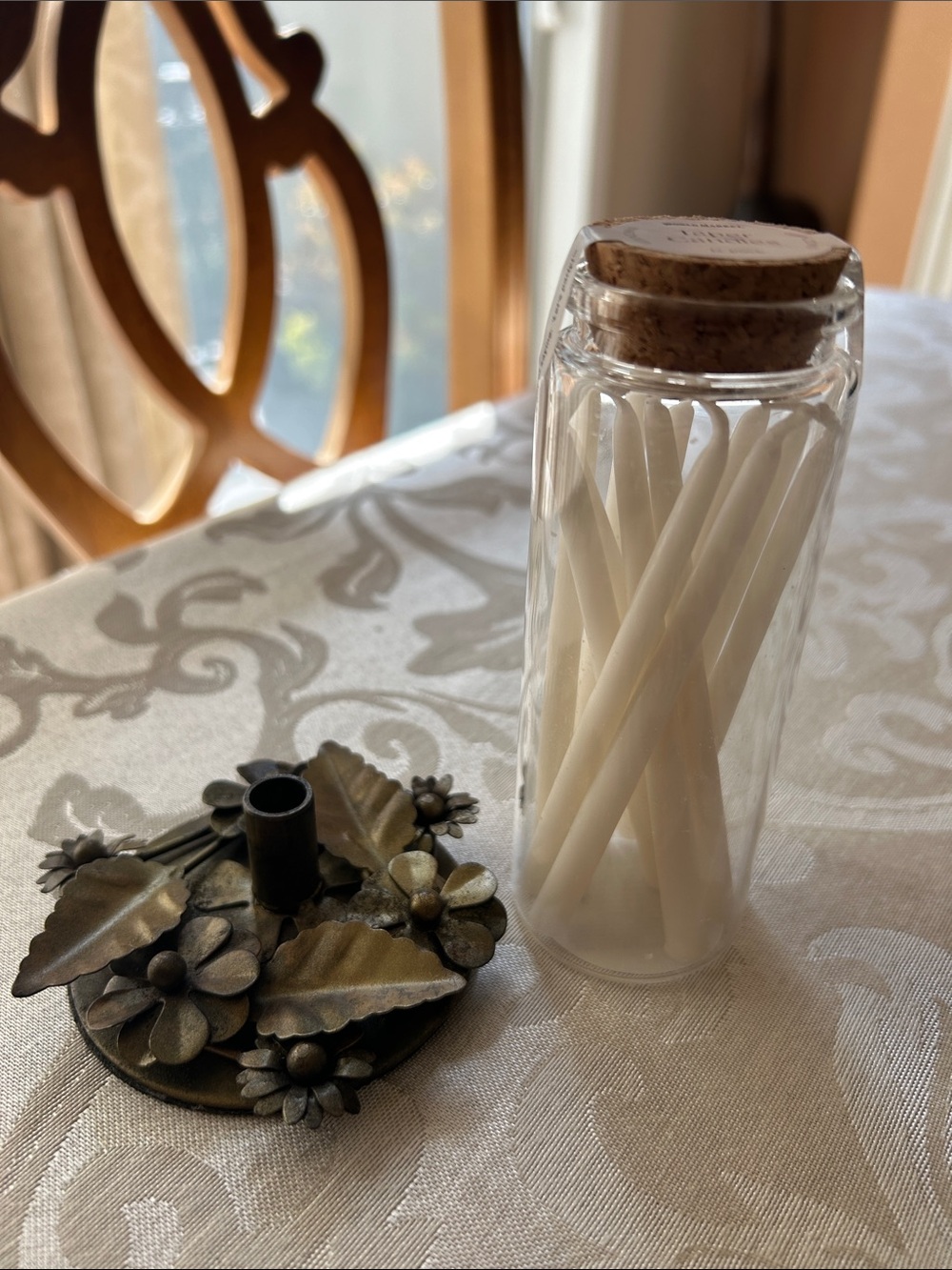 Gold Flower Mini Taper Holder with Candles.